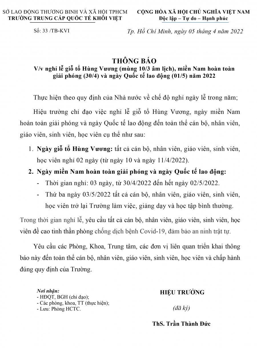 Thông báo nghỉ Lễ giỗ tổ Hùng Vương (10/3 AL) ,Ngày giải phóng Miền Nam (30/4) và Ngày Quốc tế Lao động (01/5)