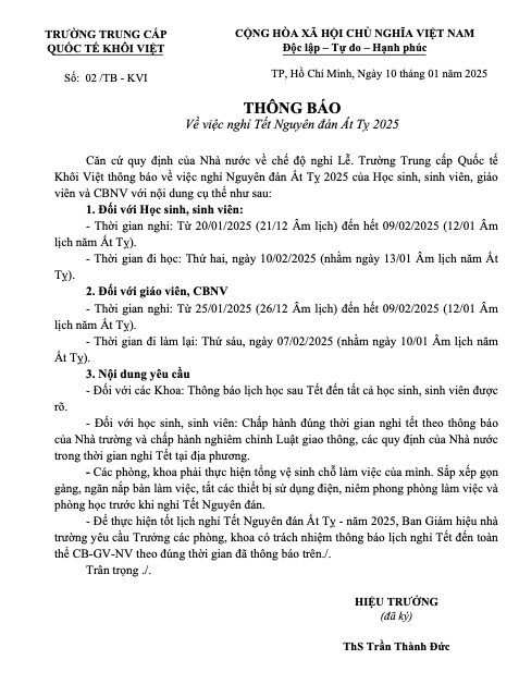 Thông báo nghỉ Tết Nguyên đán Ất Tỵ 2025